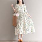 Floral Print Elbow-sleeve Midi A-line Dress