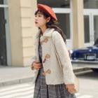 Faux Shearling Jacket / Plaid Long-sleeve A-line Dress