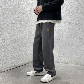 Sun Embroidered Wide Leg Jeans