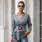 Double Breasted V Neck Sweater With Belt