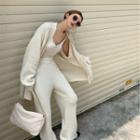 V-neck Plain Oversize Cardigan / High-waist Plain Knit Straight-cur Pants
