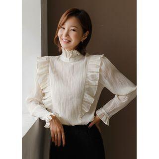 Frill-trim Crinkled Sheer Blouse