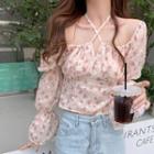 Puff-sleeve Halter-neck Floral Blouse