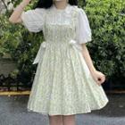 Mock-two-piece Short-sleeve Floral Ribbon Dress