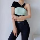 Short-sleeve Two-tone Cut-out Cropped T-shirt