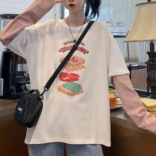 Mock Two-piece Sandwich Print Long-sleeve Top