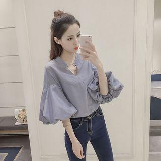 Bell Elbow-sleeve Pinstriped Blouse