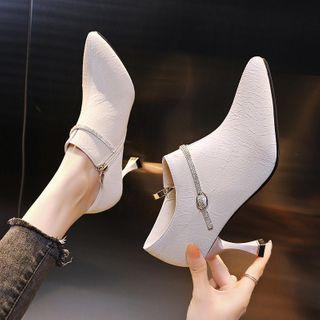 Rhinestone Buckled Flared Heel Ankle Boots