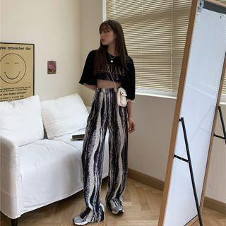 High-waist Tie-dyed Straight-cut Pants Black - One Size