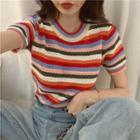 Short Sleeve Rainbow Stripe Knit Top As Shown In Figure - One Size