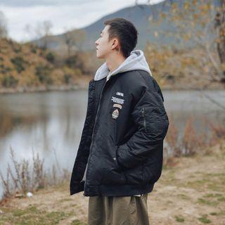 Lettering Print Detachable-hood Zip Bomber Jacket