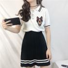 Dog Embroidered Short-sleeve Knit Polo Shirt / Contrast Trim Pleated Skirt
