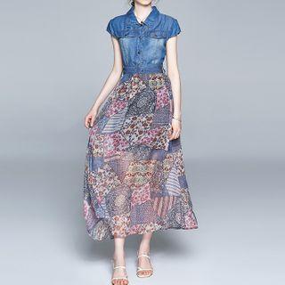 Denim Panel Printed Midi A-line Dress