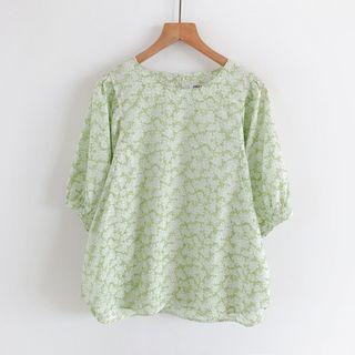 Elbow-sleeve Floral Blouse White Flowers - Light Green - One Size