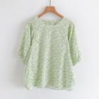 Elbow-sleeve Floral Blouse White Flowers - Light Green - One Size