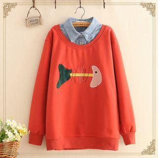 Mock Two-piece Fish-bone Patch Fleece-lined Sweatshirt