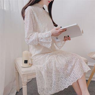 Flare-cuff Midi A-line Eyelet Lace Dress