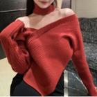Off-shoulder Choker Asymmetrical Sweater Red - One Size
