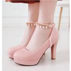 Faux Leather Pearl Dangle Strap High Heel Pumps