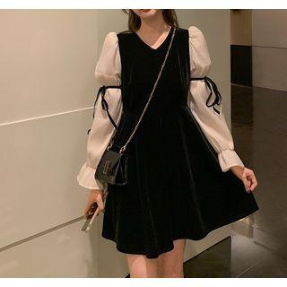 V-neck Two-tone Panel Mini A-line Dress Vest - Black - One Size