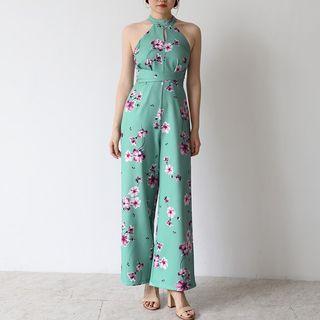 Floral Print Halter Wide Leg Jumpsuit