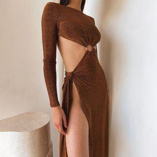 Long Sleeve Glitter Cutout Slit Midi Dress