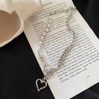 Heart Pendant Faux Pearl Necklace Love Heart Pearl Necklace - White - One Size