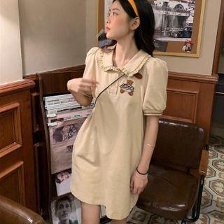 Peter Pan Collar Bear Embroidered Dress Almond - One Size