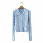 Collared Zip-up Cable Knit Cardigan Blue - One Size