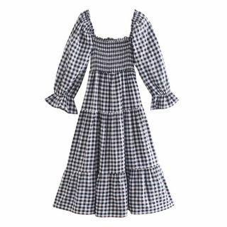 Bell-sleeve Gingham Midi A-line Dress