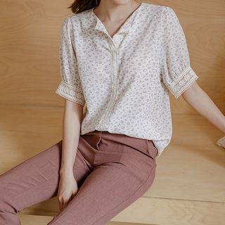 Open-placket Lace-trim Floral Blouse
