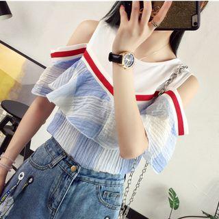 Check Cold Shoulder Short-sleeve Top