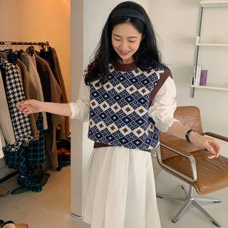 Argyle Cropped Sweater Vest / Puff-sleeve Pleated Midi A-line Dress