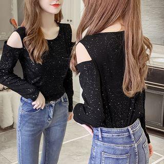 Glitter Cold-shoulder Long-sleeve T-shirt