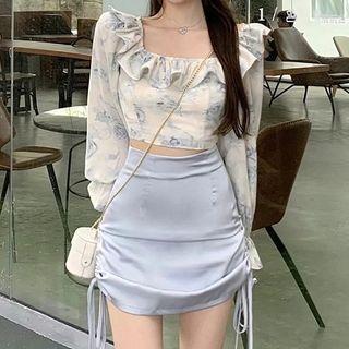 Set: Puff-sleeve Floral Print Blouses + Drawstring A-line Skirt