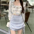 Set: Puff-sleeve Floral Print Blouses + Drawstring A-line Skirt