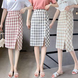 Asymmetric Check Slit-side Pencil Skirt
