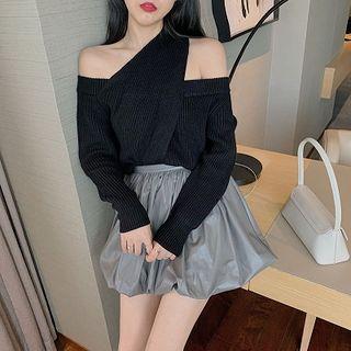 Plain Loose-fit Irregular Off-sleeve Knit Sweater / Plain High-waist A-line Skirt