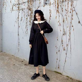 Lace Trim Long-sleeve Midi A-line Dress Dress - Black - One Size