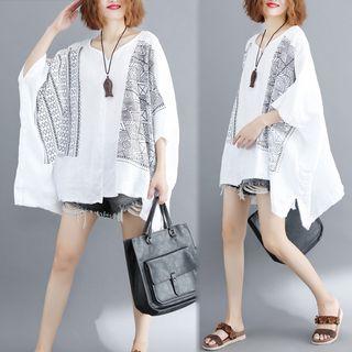 Batwing 3/4-sleeve Print Top White - One Size
