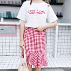 Set: Letter Embroidered Short Sleeve T-shirt + Gingham Midi Skirt