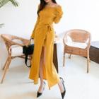 Long-sleeve Off-shoulder Tie-waist Midi A-line Dress