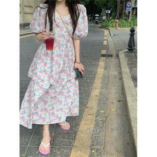 Short-sleeve Floral Midi Dress Floral - Pink & Blue - One Size