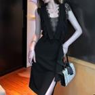 Sleeveless Lace Panel Slit Midi A-line Dress