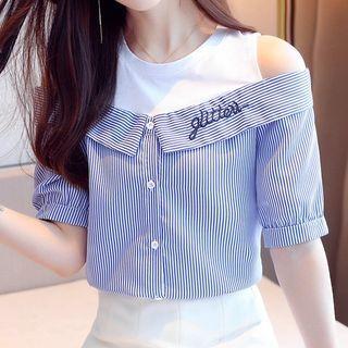 Cold-shoulder Letter Embroidered Striped Blouse