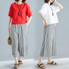 Set: Short-sleeve Top + Striped Wide Leg Pants