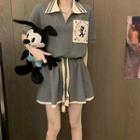 Short-sleeve Half-zip Polo Collar Top / Drawstring Wide-leg Shorts