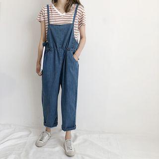 Spaghetti Strap Cropped Denim Jumper Pants Blue - One Size