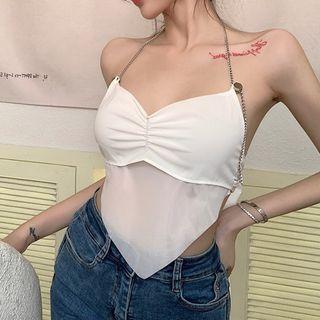 Chain Strap Asymmetrical Cropped Halter Top White - One Size
