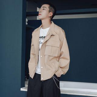 Front Pocket Striped Button Zip Jacket